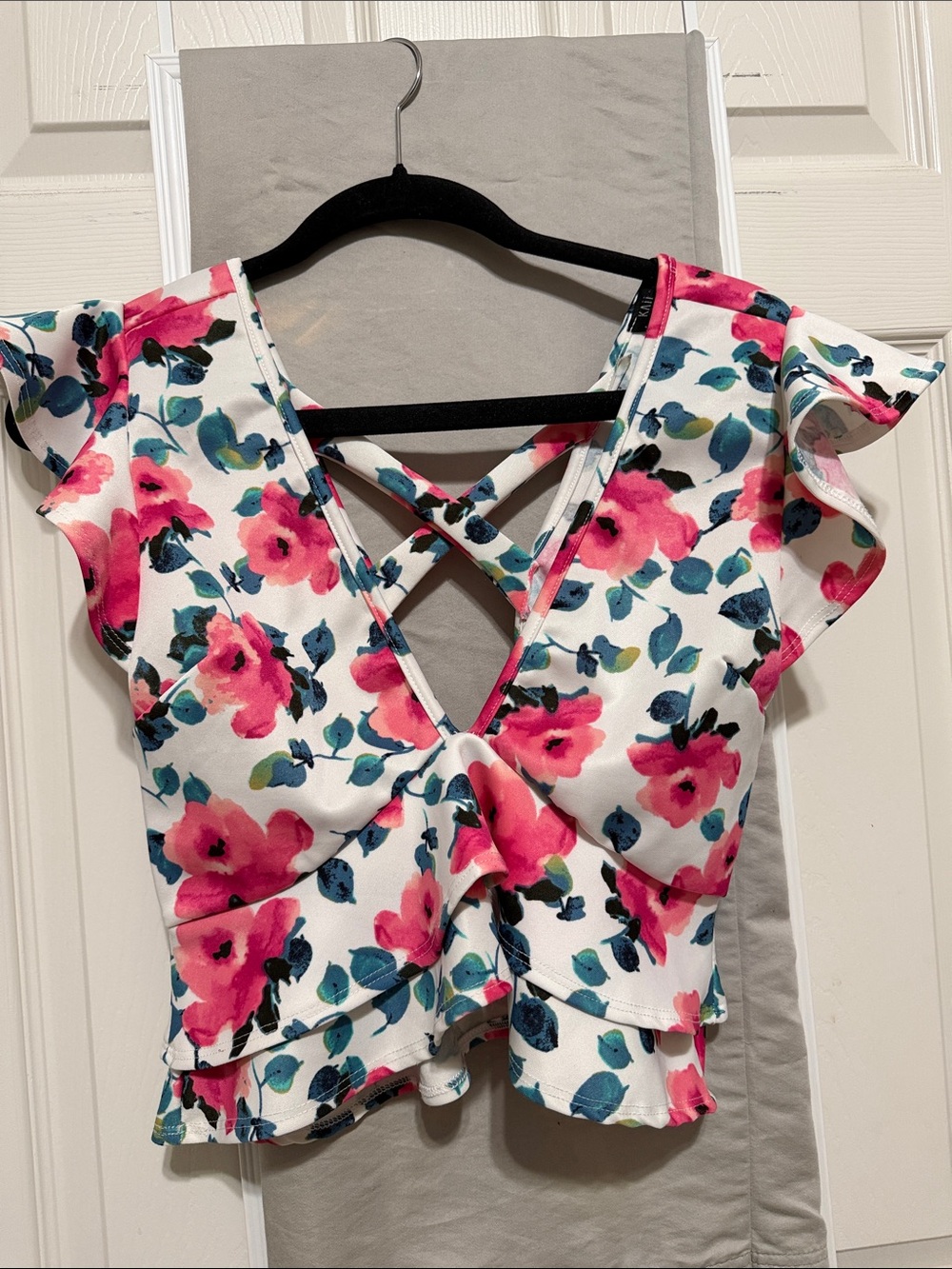Kaii White Crop Top with Pink Floral Print